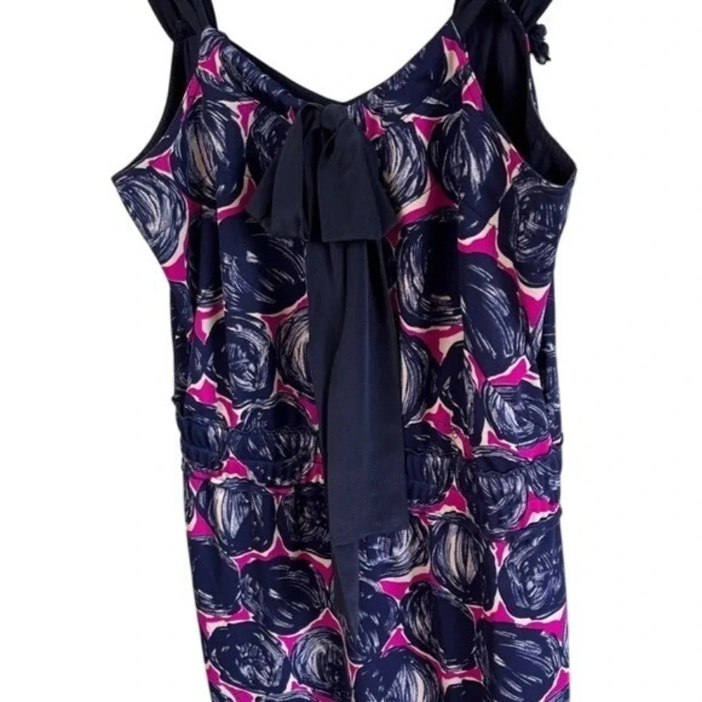 Tory Burch Silk Knit Sleeveless Dress Navy Pink‎ Floral Womens Size M Bow Fringe
